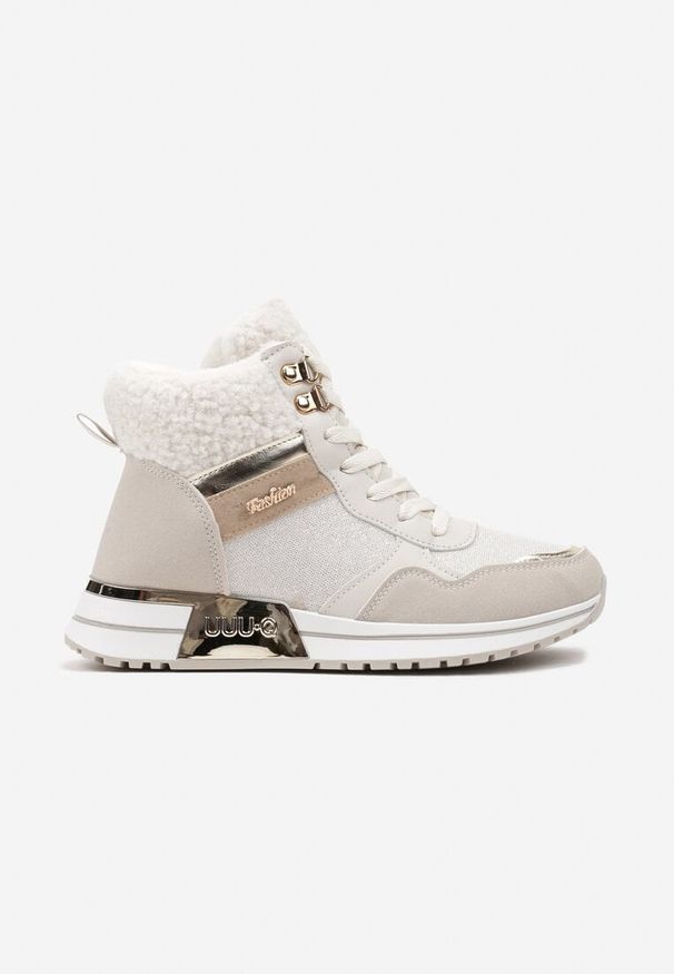 Born2be - Beżowe Sneakersy z Futrem Metaliczną Wstawką i Brokatowym Połyskiem Saliwenna. Okazja: na co dzień. Zapięcie: sznurówki. Kolor: beżowy. Materiał: futro. Obcas: na obcasie. Wysokość obcasa: niski