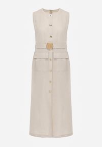 Renee - Jasnobeżowa Sukienka z Wiskozą i Lnem w Eleganckim Stylu z Paskiem z Ozdobą Coritia. Kolor: beżowy. Materiał: wiskoza, len. Długość rękawa: bez rękawów. Wzór: aplikacja. Sezon: lato. Typ sukienki: dopasowane. Styl: elegancki #3