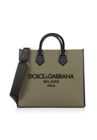 DOLCE & GABBANA - Torba khaki z dużym logo. Kolor: czarny. Materiał: bawełna. Wzór: aplikacja
