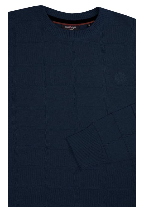 Męski Sweter Pako Jeans - Tłoczona Struktura Materiału - Granatowy. Kolor: niebieski. Materiał: bawełna, akryl. Styl: klasyczny, elegancki