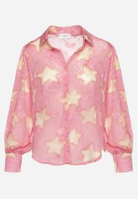 Born2be - Różowa Koszula z Prześwitującego Materiału w Gwiazdki z Bufiastymi Rękawami Aspadi. Kolor: różowy. Materiał: materiał #6