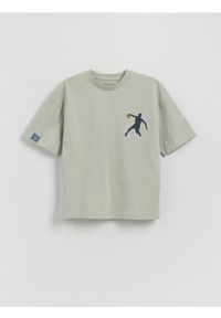 Reserved - Bawełniany t-shirt z nadrukiem - jasnoturkusowy. Kolor: turkusowy. Materiał: bawełna. Wzór: nadruk