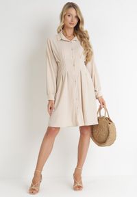 Born2be - Beżowa Taliowana Sukienka Koszulowa Mini Arukini. Kolor: beżowy. Typ sukienki: koszulowe. Długość: mini #5