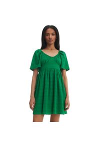 Cropp - Zielona sukienka ze wzorem - Zielony. Typ kołnierza: dekolt gorset. Kolor: zielony. Materiał: tkanina. Długość rękawa: krótki rękaw. Typ sukienki: rozkloszowane, gorsetowe #1