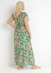 Born2be - Zielona Rozkloszowana Sukienka Hiszpanka Maxi z Gumkami w Pasie z Bawełny Briyenn. Typ kołnierza: dekolt hiszpanka. Kolor: zielony. Materiał: bawełna. Wzór: kwiaty. Sezon: wiosna, lato. Długość: maxi #2