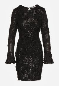 Born2be - Czarna Cekinowa Sukienka z Kwiatami 3D Naweda. Okazja: na spotkanie biznesowe. Kolor: czarny. Materiał: poliester, jeans. Wzór: kwiaty. Styl: biznesowy #5