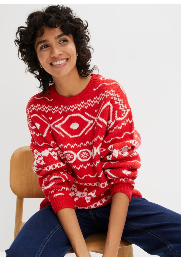 bonprix - Sweter z płytkim dekoltem, w norweski wzór. Kolor: czerwony