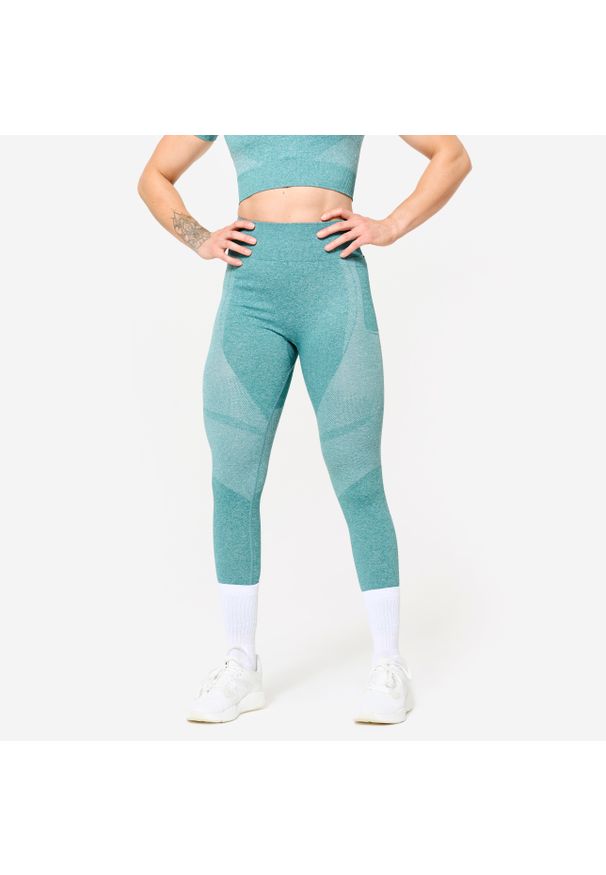 DOMYOS - Legginsy fitness damskie Domyos. Stan: podwyższony. Kolor: zielony. Materiał: poliamid, materiał, elastan. Sport: fitness