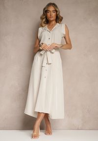 Renee - Beżowa Sukienka z Paskiem Koszulowa o Rozkloszowanym Fasonie Mavoselle. Okazja: na co dzień. Kolor: beżowy. Materiał: jeans. Typ sukienki: koszulowe. Styl: casual, elegancki #4