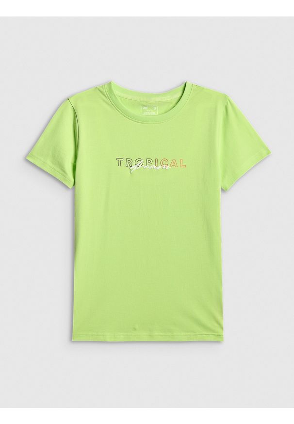 4f - 4F T-shirt slim z nadrukiem damski - żółty S. Okazja: na co dzień. Kolor: żółty. Materiał: bawełna, jeans, materiał. Wzór: nadruk. Styl: casual