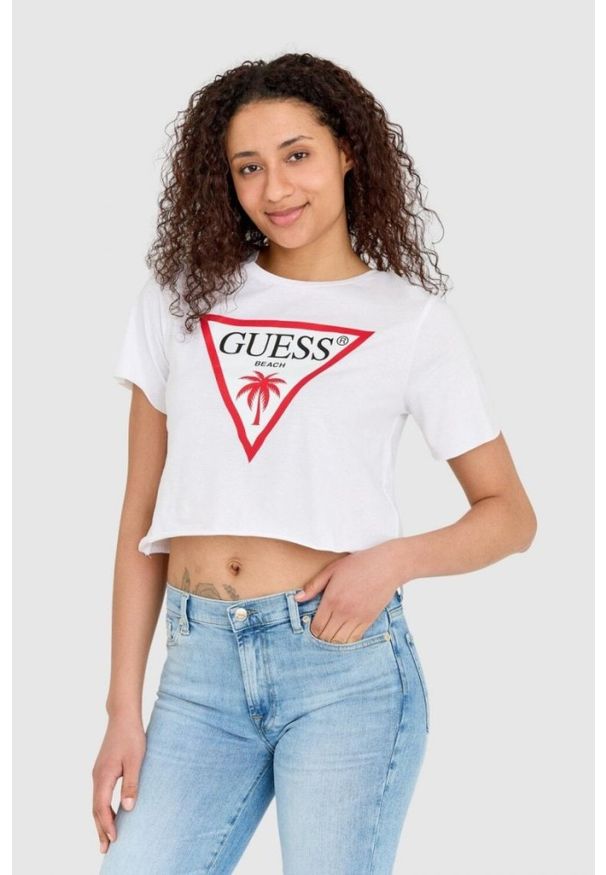 Guess - GUESS Biały krótki t-shirt damski bawełniany z surowym wykończeniem boxy fit, Rozmiar XL. Kolor: biały. Materiał: bawełna. Długość: krótkie
