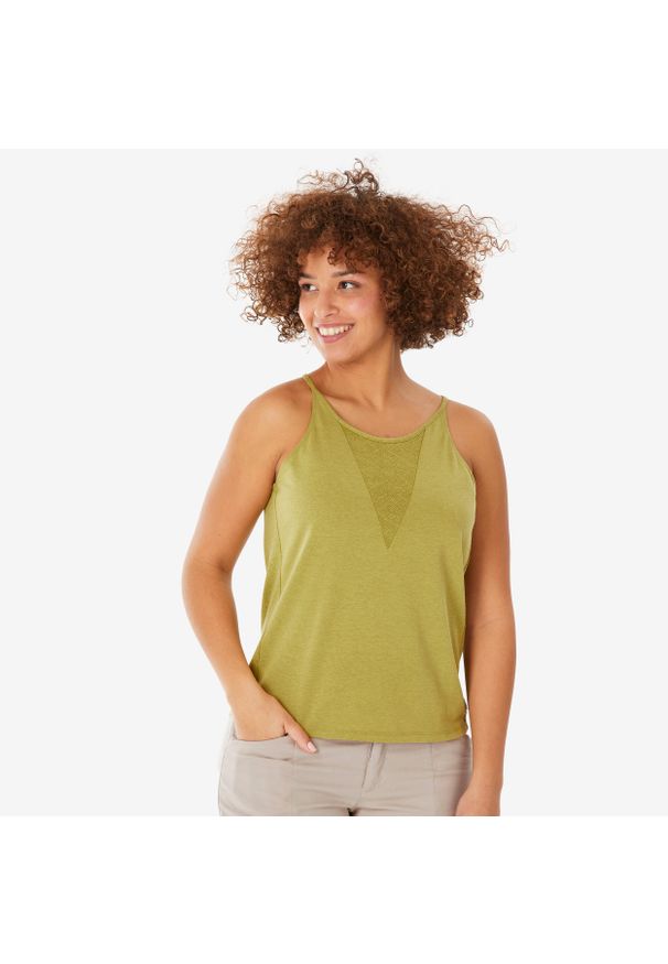 quechua - Koszulka turystyczna na ramiączka damska Quechua NH500. Kolor: zielony. Materiał: bawełna, poliester, materiał, lyocell. Długość rękawa: na ramiączkach. Długość: długie. Wzór: ze splotem. Sport: turystyka piesza