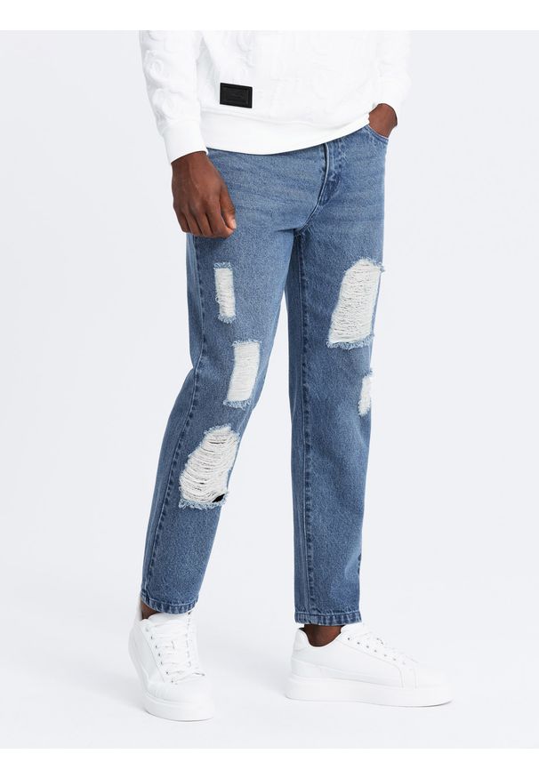 Ombre Clothing - Męskie jeansowe spodnie TAPERED FIT z dziurami – ciemnoniebieskie V3 - Rozmiar: L. Kolor: niebieski. Materiał: jeans. Wzór: aplikacja. Styl: vintage, retro, elegancki