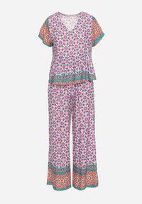 Born2be - Różowo-Zielony Letni Komplet z Wiskozy w Mozaikowy Wzór Bluzka i Szerokie Spodnie Latasha. Kolor: różowy. Materiał: wiskoza #4