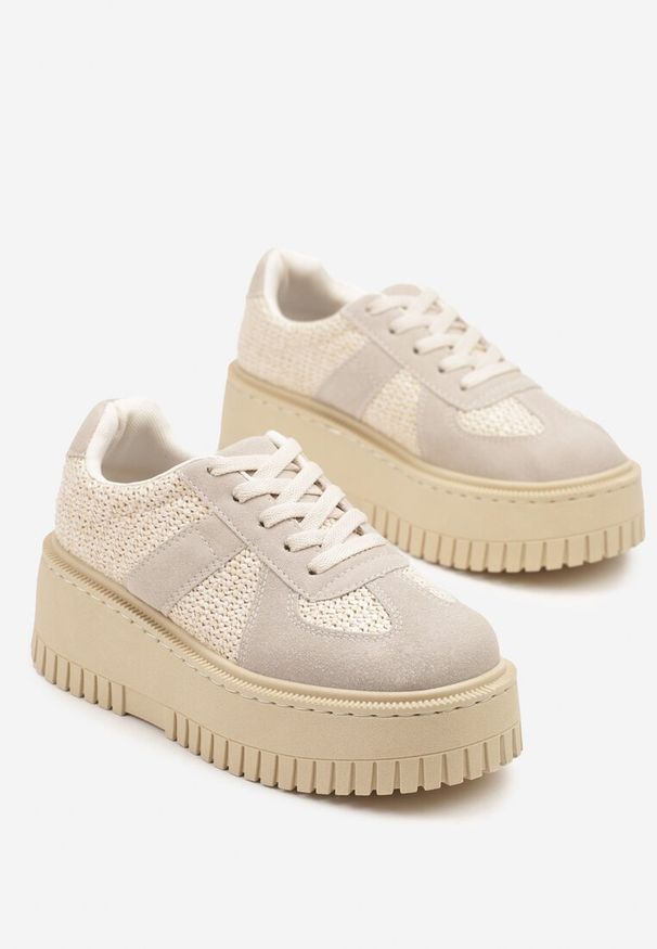 Born2be - Jasnobeżowe Sneakersy na Grubej Podeszwie z Ozdobnym Paskiem Viviriana. Zapięcie: pasek. Kolor: beżowy. Materiał: jeans. Sezon: lato