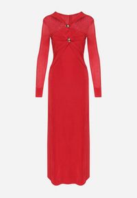Born2be - Czerwona Długa Sukienka z Ozdobnym Dekoltem i Biżuteryjnymi Detalami Nerosha. Kolor: czerwony. Długość rękawa: długi rękaw. Styl: klasyczny, elegancki. Długość: maxi #3