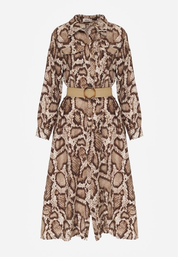 Born2be - Brązowa Sukienka Koszulowa z Wiskozą Zdobiona Paskiem i Wzorem w Węża Delane. Okazja: na co dzień. Kolor: brązowy. Materiał: wiskoza. Wzór: aplikacja. Typ sukienki: koszulowe. Styl: casual, elegancki