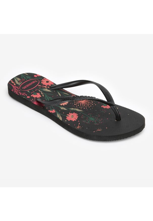 Japonki damskie Havaianas Slim Organic. Okazja: na plażę. Kolor: czarny, różowy, wielokolorowy. Materiał: kauczuk, syntetyk. Styl: sportowy
