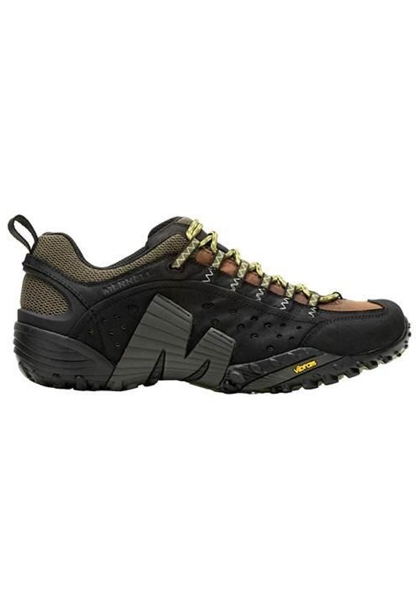 Buty trekkingowe męskie Merrell Intercept. Zapięcie: sznurówki. Kolor: czarny, zielony, wielokolorowy. Materiał: guma, tkanina, skóra. Szerokość cholewki: normalna. Sport: turystyka piesza
