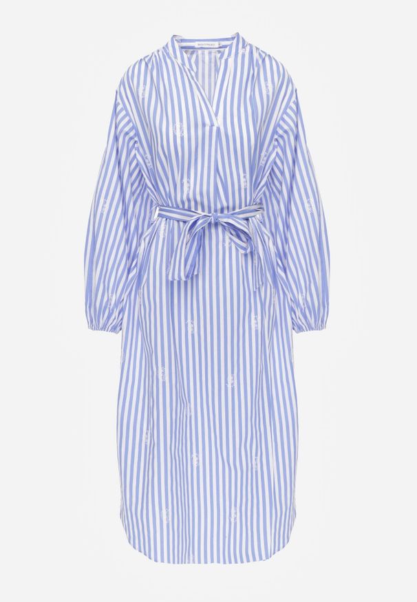 Born2be - Niebieska Pudełkowa Sukienka z Bawełny Zdobiona Haftem i Wiązanym Paskiem Nahssa. Okazja: na co dzień. Kolor: niebieski. Materiał: bawełna. Wzór: haft, aplikacja. Typ sukienki: proste. Styl: casual, klasyczny