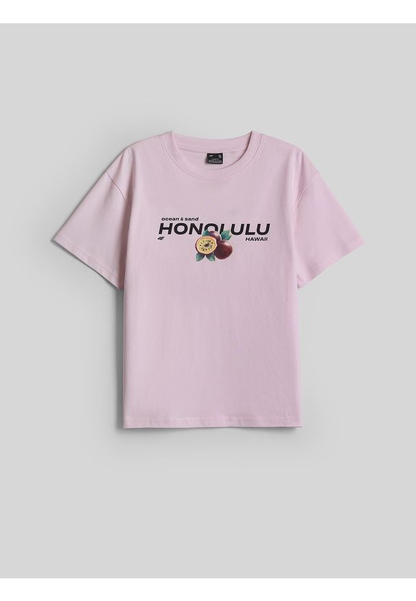 4f - 4F T-shirt loose z nadrukiem damski - różowy XS. Okazja: na co dzień. Kolor: różowy. Materiał: materiał, bawełna, dzianina. Wzór: nadruk. Styl: casual