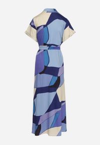 Born2be - Niebieska Sukienka Rozkloszowana z Wiskozy w Geometryczny Wzór z Paskiem Ranislla. Okazja: na co dzień. Typ kołnierza: dekolt w serek. Kolor: niebieski. Materiał: wiskoza. Długość rękawa: krótki rękaw. Wzór: geometria. Styl: casual, elegancki #3