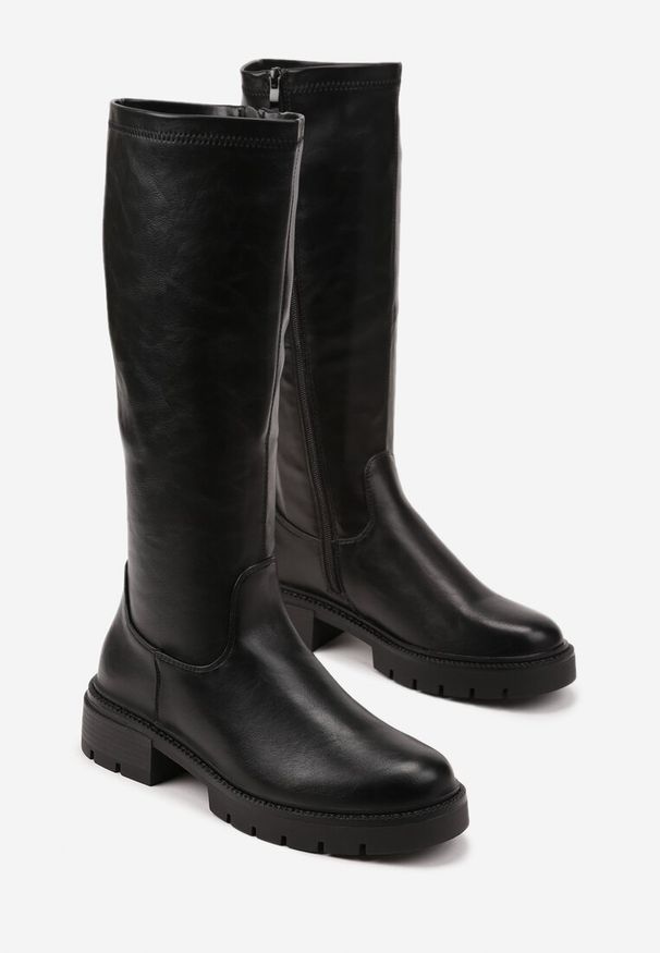 Born2be - Czarne Klasyczne Kozaki z Gładką Cholewką Apillia. Okazja: na co dzień. Kolor: czarny. Materiał: jeans. Szerokość cholewki: normalna. Wzór: gładki. Styl: klasyczny