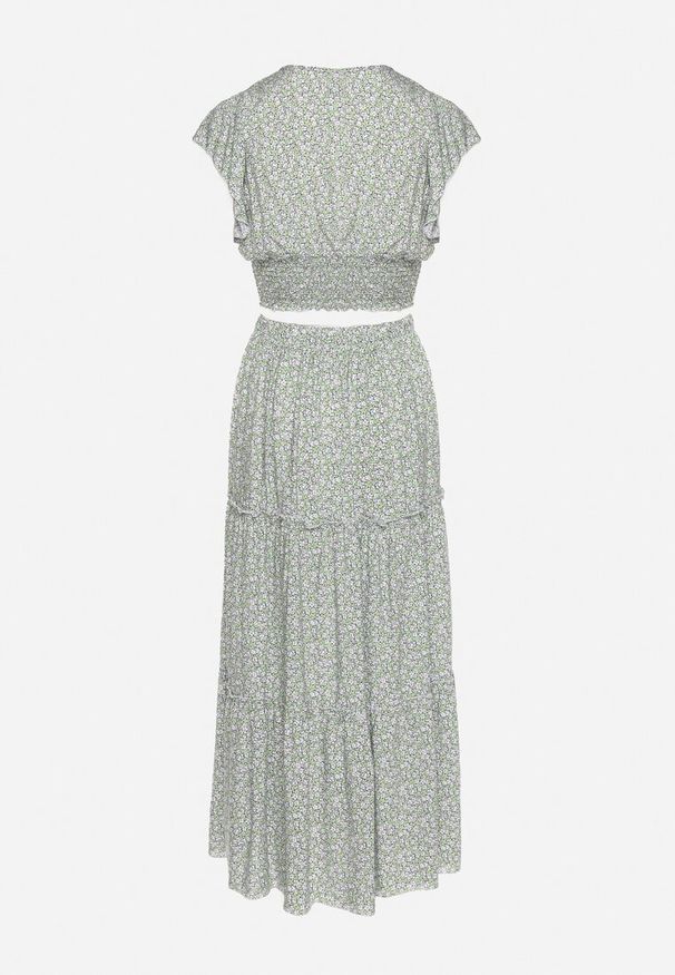 Born2be - Jasnozielony Bawełniany Komplet Bluzka z Kopertowym Dekoltem i Rozkloszowaną Spódnicą Myxia. Kolor: zielony. Materiał: bawełna