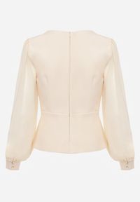 Renee - Beżowa Bluzka VICES w Kopertowym Stylu z Luźnymi Transparentnymi Rękawami i Dekoltem V Inge. Okazja: na co dzień, na komunię. Kolor: beżowy. Materiał: jeans. Styl: casual, elegancki #7
