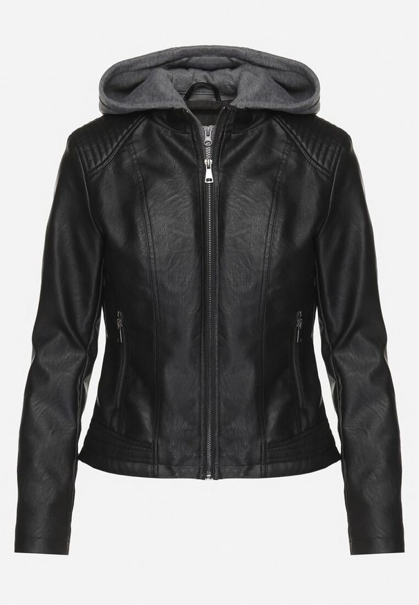 Born2be - Czarna Kurtka Ramoneska o Taliowanym Kroju z Odpinanym Kapturem Imitującym Bluzę Ivalani. Okazja: na co dzień. Kolor: czarny. Materiał: jeans. Styl: casual, klasyczny, sportowy