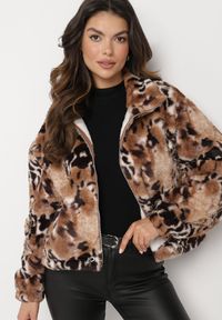 Born2be - Czarno-Beżowa Futerkowa Kurtka ze Ściągaczami i Kołnierzykiem w Animal Print Fortilia. Okazja: na spacer. Kolor: czarny. Materiał: jeans, materiał, futro. Długość rękawa: długi rękaw. Długość: długie. Wzór: nadruk. Styl: elegancki