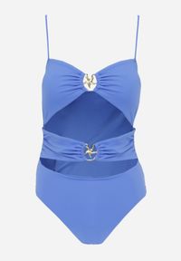 Renee - Niebieski Jednoczęściowy Strój Kąpielowy Na Cienkich Ramiączkach ze Złotymi Ozdobami i Wycięciami Nonanoe. Kolekcja: plus size. Kolor: niebieski. Materiał: jeans. Wzór: aplikacja #4