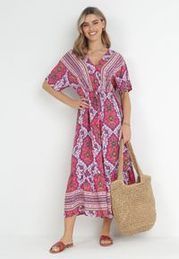 Born2be - Fuksjowa Sukienka Midi z Wiskozy z Gumką w Talii z Szerokimi Rękawami Damatia. Kolor: różowy. Materiał: wiskoza. Długość rękawa: krótki rękaw. Długość: midi #2