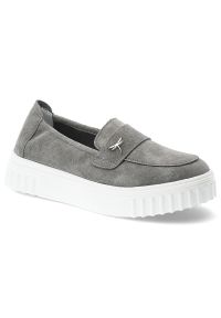 Półbuty damskie Vinceza, cholewka ze skóry naturalnej zamszowej wsuwany fason z ozdobnym elementem, szare, 93218. Kolor: szary. Materiał: skóra, zamsz. Szerokość cholewki: normalna #1