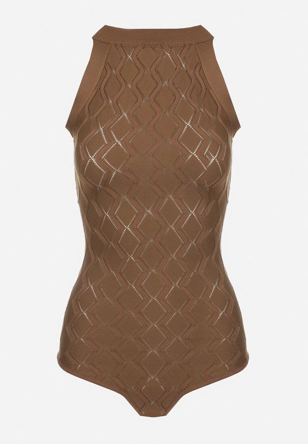 Born2be - Ciemnobrązowe Body z Wiskozy o Tłoczonej Fakturze Idolina. Okazja: na co dzień. Typ kołnierza: dekolt halter. Kolor: brązowy. Materiał: wiskoza. Styl: casual