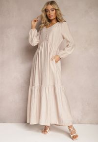 Renee - Beżowa Rozkloszowana Sukienka Pudełkowa Maxi z Ozdobnymi Guzikami Nervatti. Kolor: beżowy. Wzór: aplikacja. Typ sukienki: rozkloszowane. Długość: maxi #3