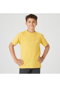 DOMYOS - Koszulka z krótkim rękawem dziecięca Domyos 500. Kolor: wielokolorowy, żółty, biały. Materiał: materiał, poliester, elastan, bawełna. Długość rękawa: krótki rękaw. Długość: krótkie