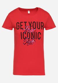 Born2be - Czerwony Bawełniany T-shirt z Ozdobnym Napisem i Cekinami Oriella. Okazja: do pracy. Kolor: czerwony. Materiał: bawełna. Wzór: napisy #4
