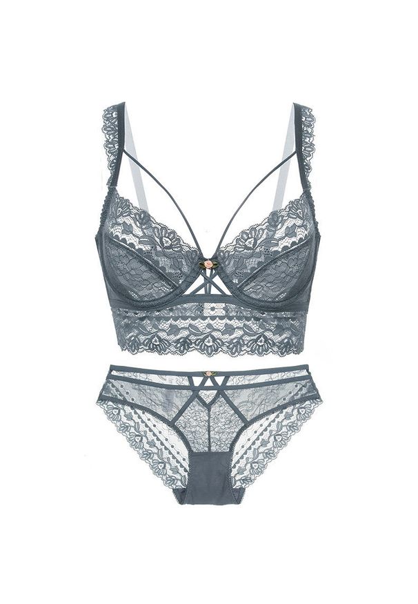 Intica - Komplet bielizny push-up z koronką i podtrzymaniem biustu Hildagarde. Kolor: niebieski. Materiał: koronka. Wzór: koronka