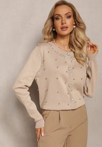 Renee - Beżowy Sweter Kardigan z Wiskozy Ozdobiony Cyrkoniami i Metalicznymi Koralikami Diomira. Kolor: beżowy. Materiał: wiskoza. Wzór: aplikacja #4