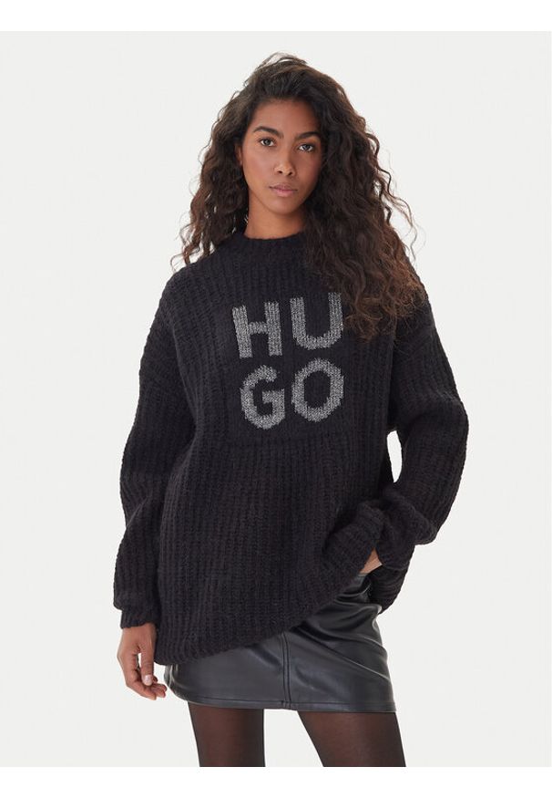 Hugo - HUGO Sweter Sloguis 50548245 Czarny Oversize. Kolor: czarny. Materiał: wełna, syntetyk