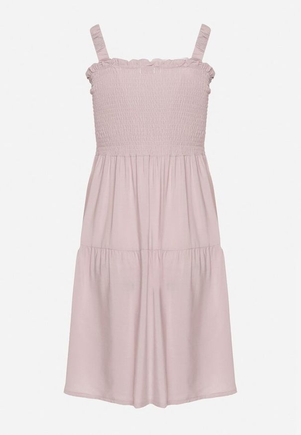 Born2be - Ciemnoróżowa Sukienka na Ramiączkach z Gumką w Talii i Falbankami Tiamaree. Okazja: na co dzień. Typ kołnierza: kołnierz z falbankami. Kolor: różowy. Długość rękawa: na ramiączkach. Sezon: lato. Typ sukienki: proste. Styl: casual, elegancki