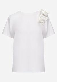 Born2be - Biały Klasyczny T-shirt z Bawełny Zdobiony Aplikacją 3D w Kształcie Kwiatów Noebel. Okazja: na co dzień. Kolor: biały. Materiał: bawełna. Wzór: aplikacja, kwiaty. Styl: klasyczny #8