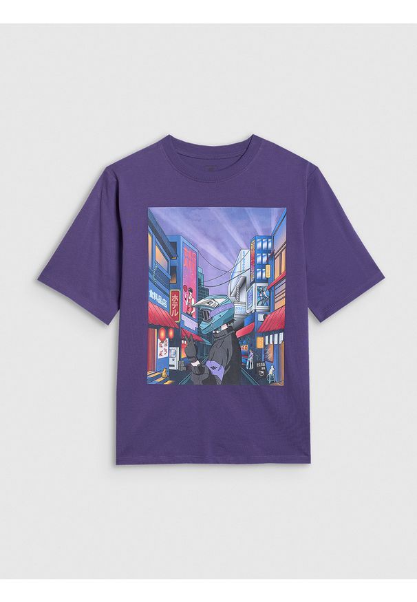 4f - 4F T-shirt oversize z nadrukiem chłopięcy - fioletowy 158 (12-13 lat). Okazja: na co dzień. Kolor: fioletowy. Materiał: jersey, bawełna, materiał. Wzór: nadruk. Sezon: lato. Styl: sportowy, klasyczny, casual