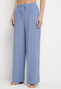 Born2be - Niebieskie Spodnie Bawełniane Szerokie z Gumką w Pasie Efranica. Okazja: na co dzień. Kolor: niebieski. Materiał: bawełna. Styl: elegancki, casual #1