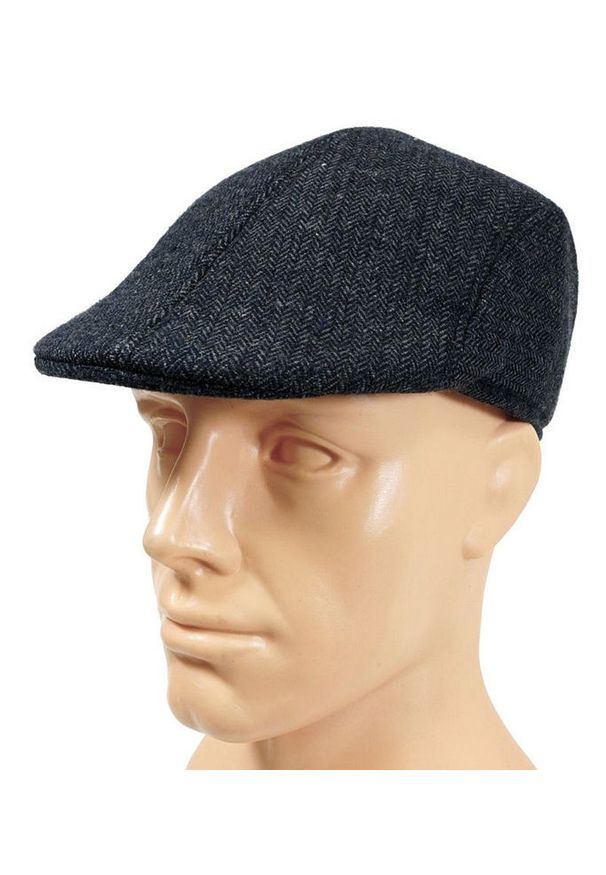 Granatowy Kaszkiet w Jodełkę, Jesienno-Zimowy, Ocieplany -Pako Jeans- Gąbczasta Struktura Materiału. Kolor: niebieski. Materiał: poliester. Wzór: jodełka. Sezon: jesień, zima