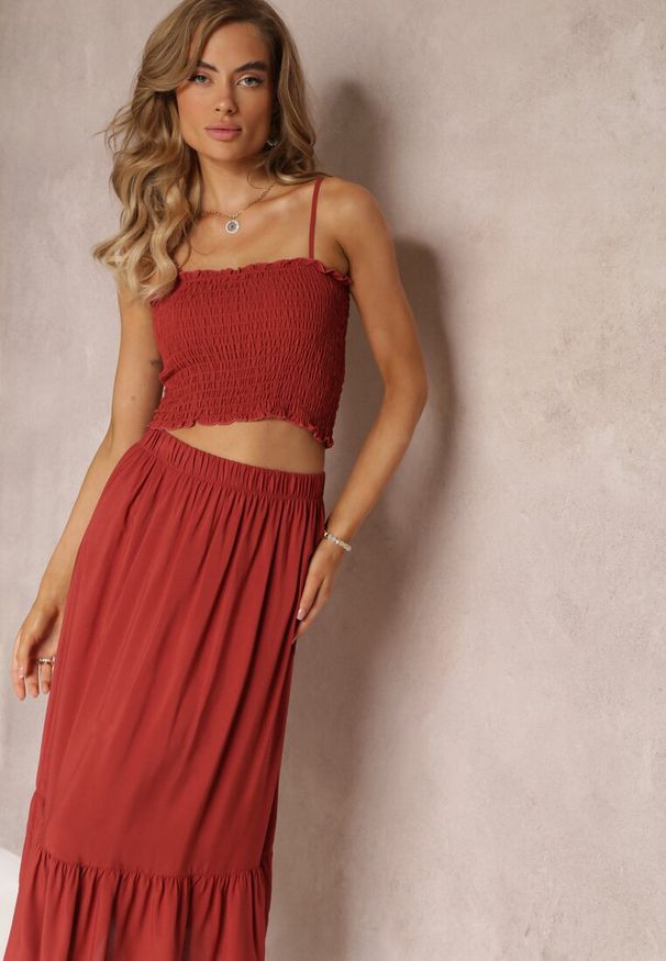 Renee - Czerwony 2-częściowy Komplet Bawełniany Top na Ramiączkach i Spódnica z Gumką w Talii Tirasa. Kolor: czerwony. Materiał: bawełna
