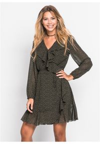 bonprix - Sukienka kopertowa mini. Kolor: zielony. Wzór: nadruk, kropki. Typ sukienki: kopertowe. Długość: mini #1