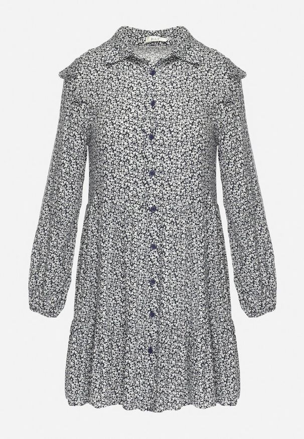 Born2be - Granatowa Rozkloszowana Sukienka Mini w Kwiaty z Falbankami na Ramionach Lorean. Okazja: na spacer, na imprezę. Typ kołnierza: kołnierz z falbankami. Kolor: niebieski. Materiał: materiał. Wzór: kwiaty. Sezon: lato. Styl: elegancki. Długość: mini