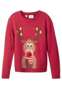 Sweter chłopięcy z bożonarodzeniowym motywem bonprix ciemnoczerwony. Kolor: czerwony. Materiał: materiał, akryl. Wzór: prążki, aplikacja. Styl: elegancki #1